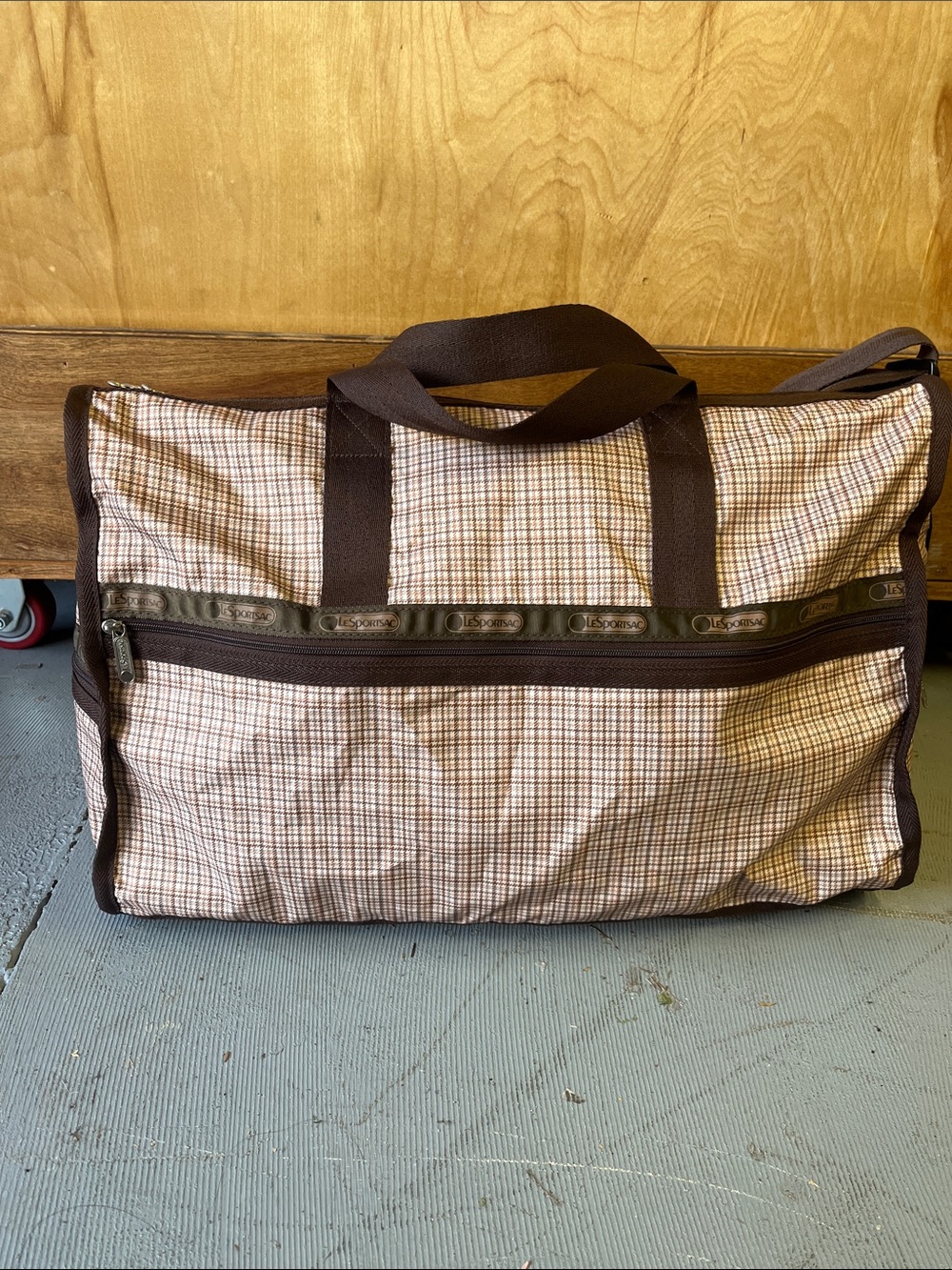Lesportsac Brown and Cream Plaid Weekender Tote